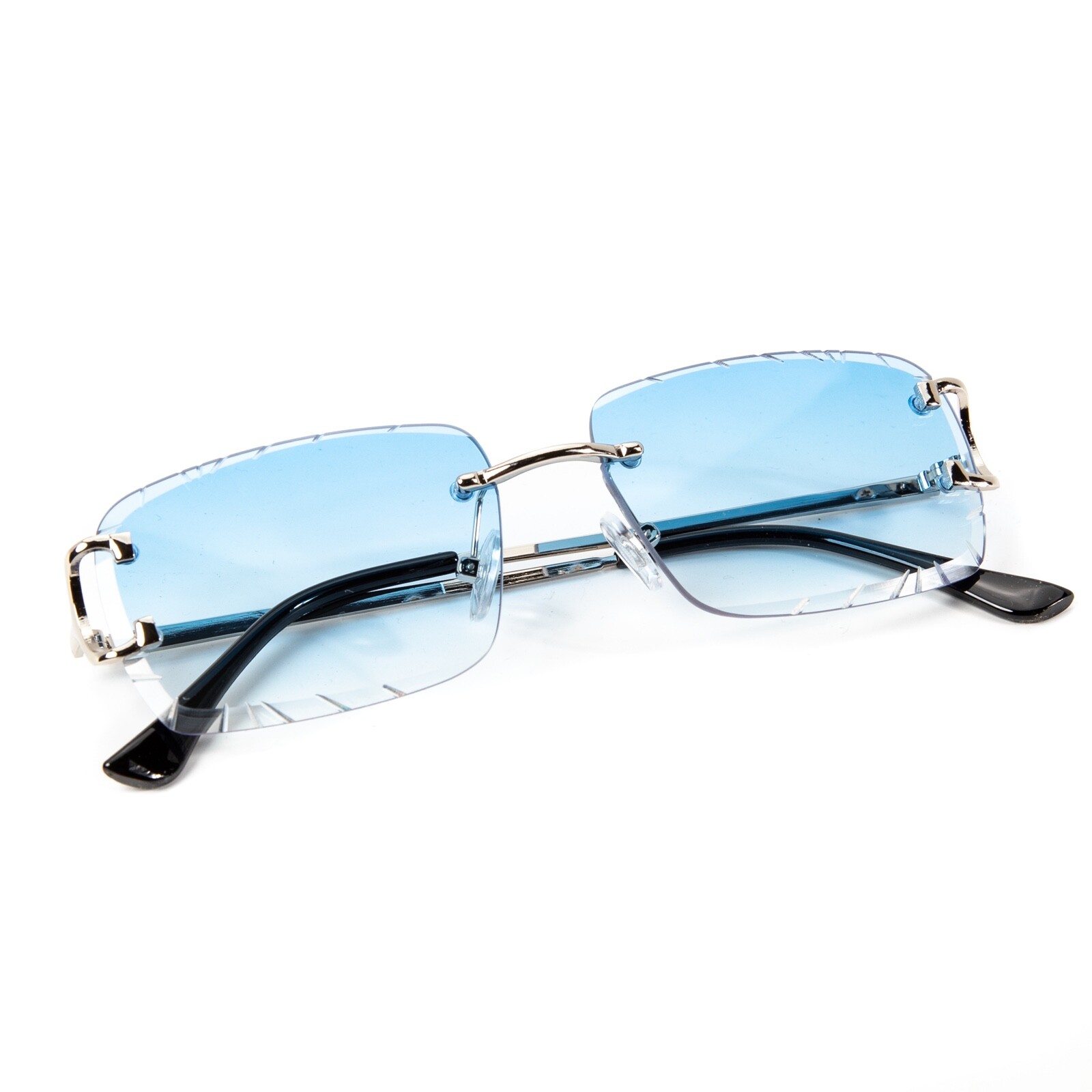 Gem Cut Sky Blue Tint Silver Frame Hip Hop Rimless Luxury Square Sunglasses