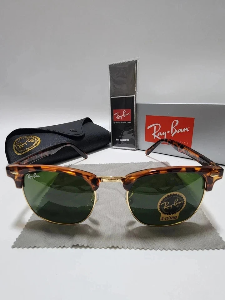 Unisex Ray-Ban RB3016 Clubmaster Sunglasses Tortoise Frame Green Lens 51mm