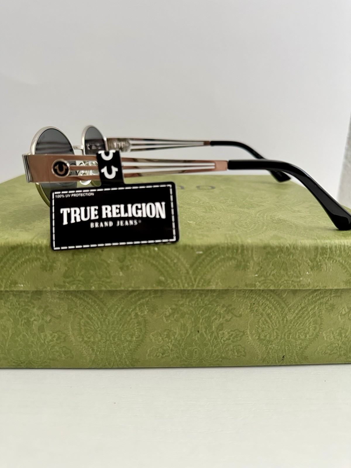 True Religion Oval Sunglasses Silver Black Metal Frame 100% UV Protection NWT