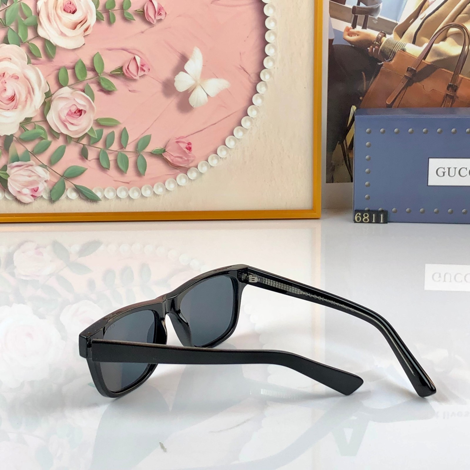 Gucci GG0746S Square Sunglasses Black Acetate Frame Solid Grey Lens 57-17-145