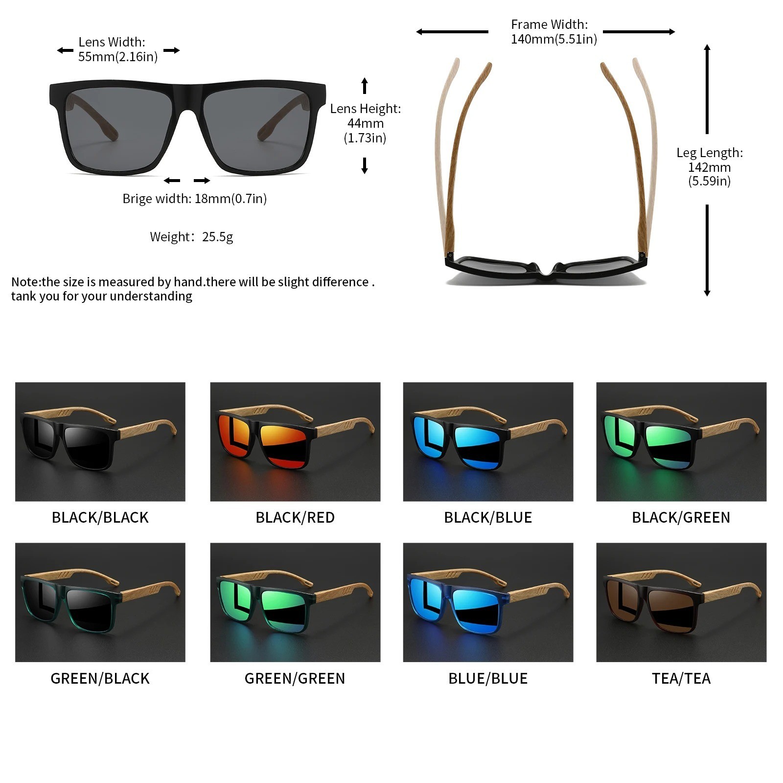 Square Wood Grain Sunglasses UV400 Spring Hinge Unisex Driving Travel Hiking