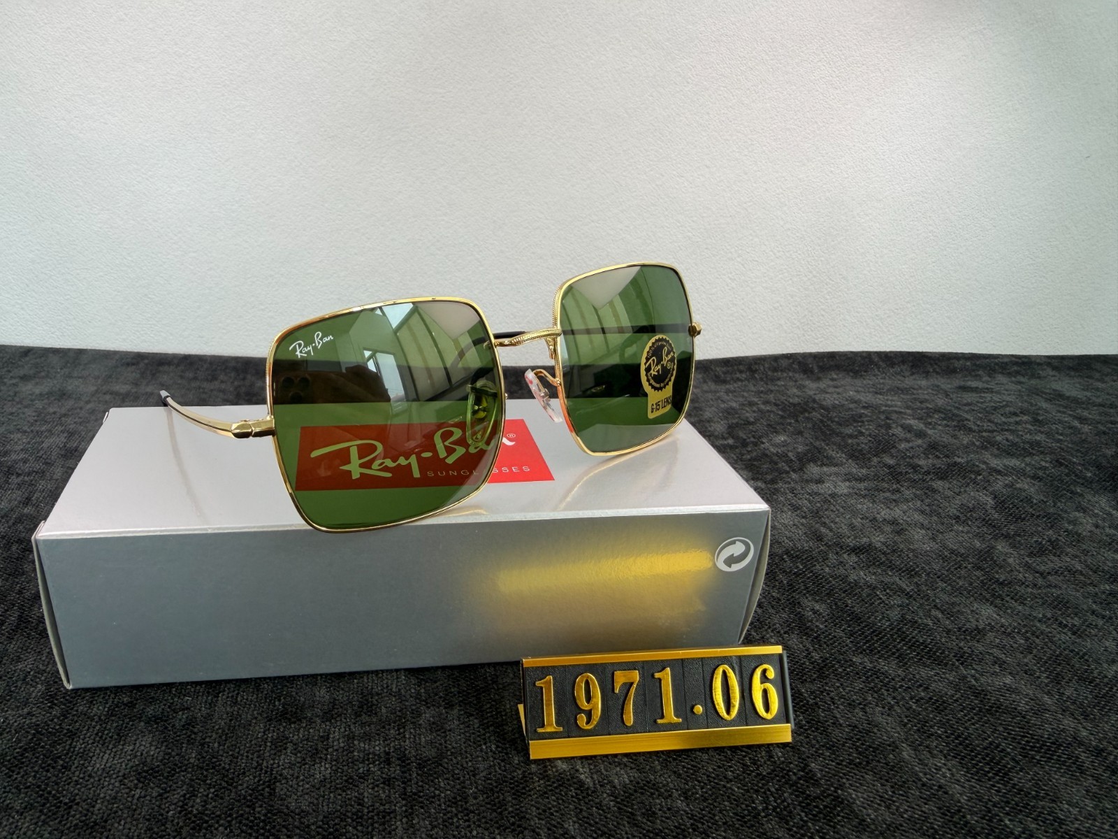 Ray-Ban RB1971 Square Sunglasses, Gold Frame, Solid Green G-15 Lens