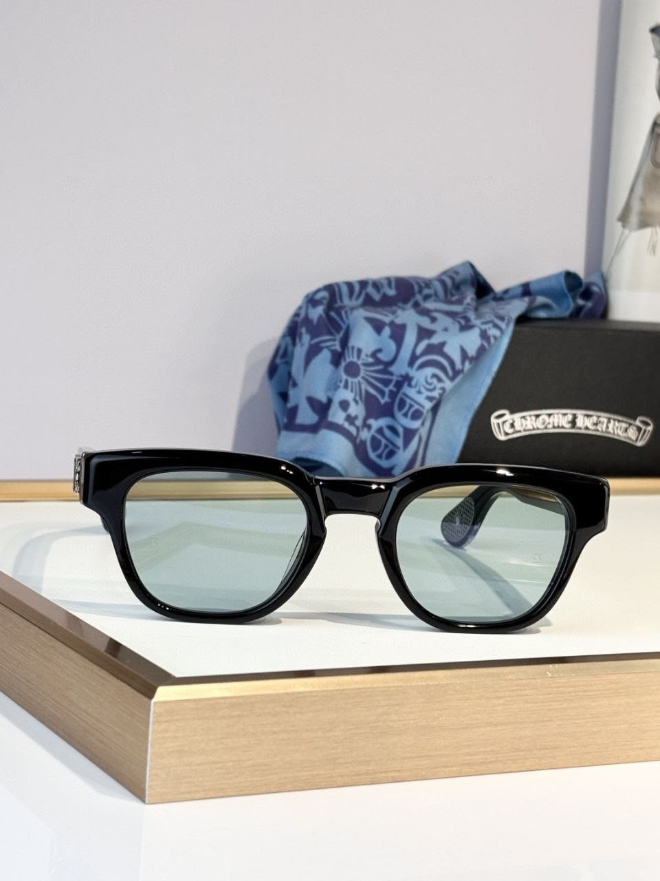 Chrome Hearts Sunglasses Black Frame Silver Dagger Light Blue Lens