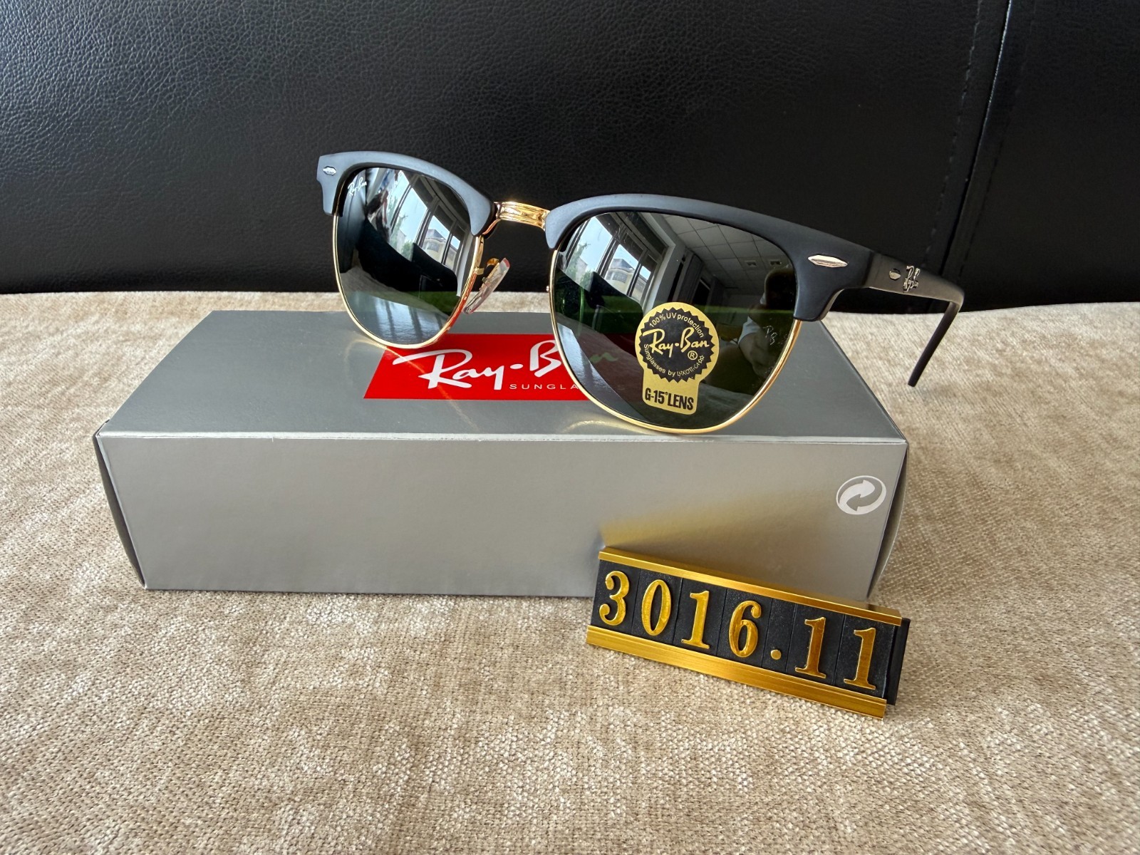 Ray‑Ban RB3016 Clubmaster Sunglasses Black Gold Frame Classic G‑15 Green Lens
