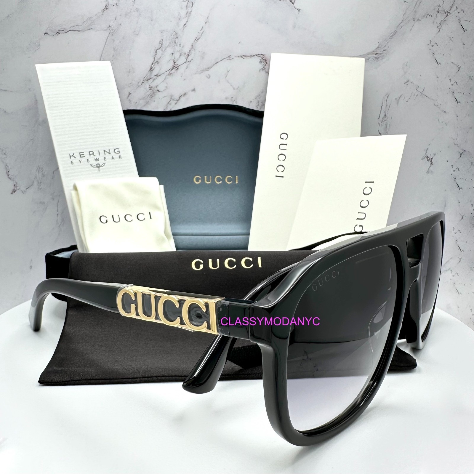 GUCCI Sunglasses Aviator Pilot 58mm Black New Gold Metal Logo Gray Lens Mens
