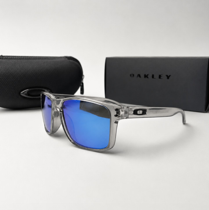 NEW Oakley Holbrook Sunglasses Grey Smoke Clear Frame Blue Mirror Polarized Lens