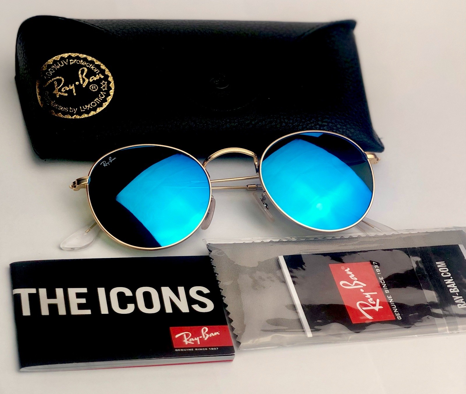 New Ray-Ban RB3447 112/19 Round Matte Gold Green Flash Mirror Sunglasses 50mm