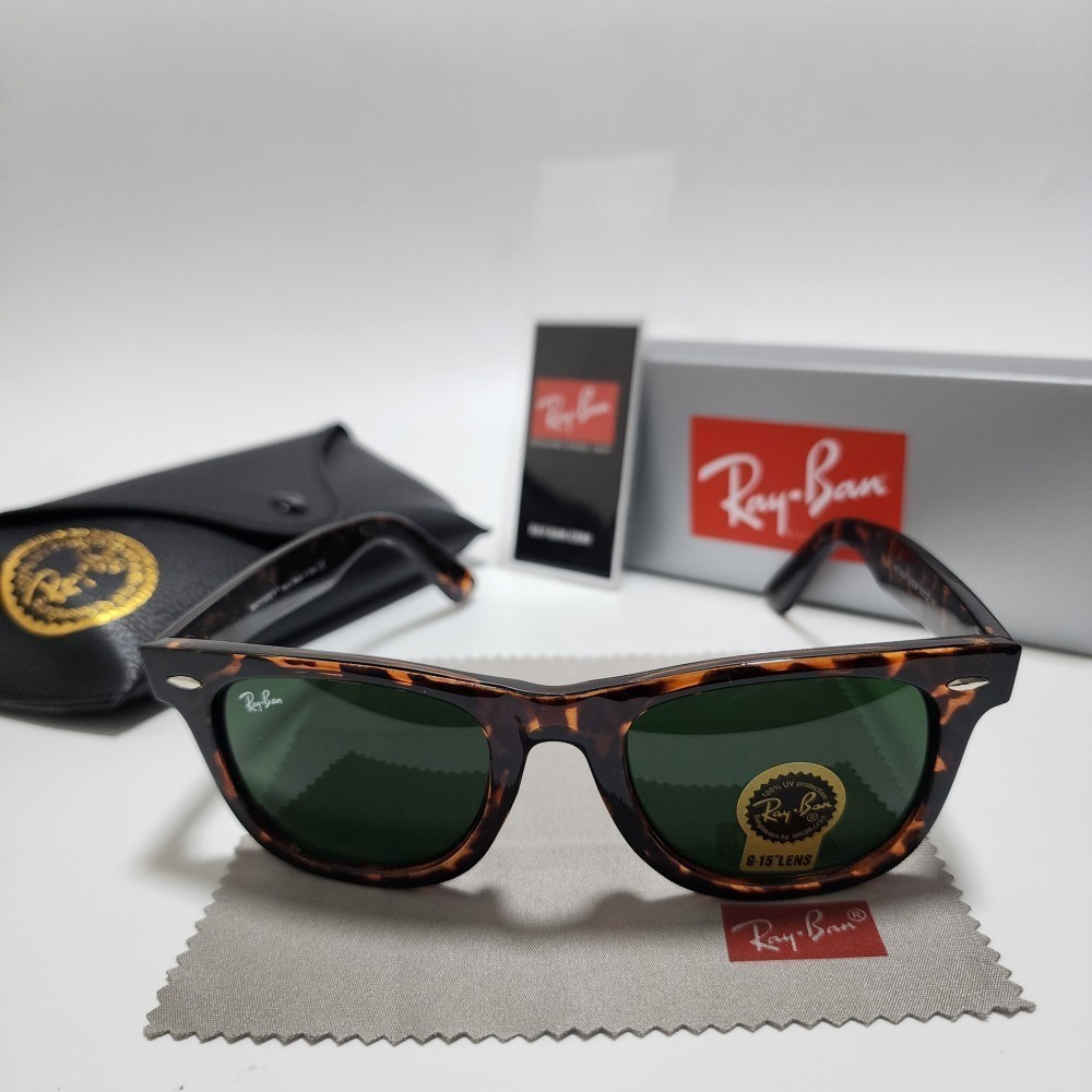 Ray-Ban RB2140 Wayfarer Classic Sunglasses Tortoise Brown Frame Glass Green Lens