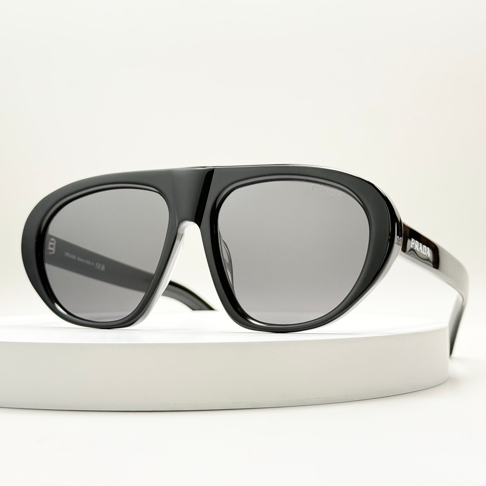 Prada SPR C05S Shield Sunglasses Black Frame Gray Lens Oversized Unisex Italy