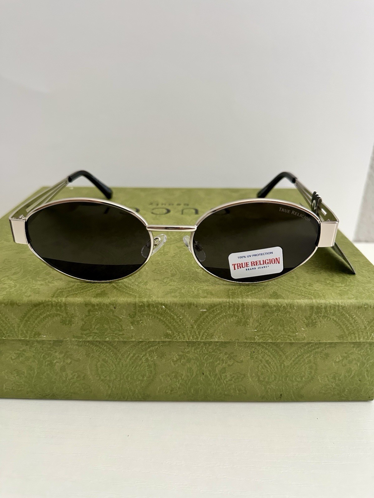 True Religion Oval Sunglasses Silver Black Metal Frame 100% UV Protection NWT