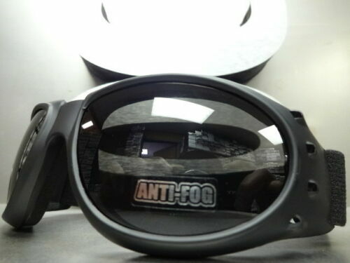 Men PADDED MOTORCYCLE RIDING GOGGLES with Strap Black Frame Dark Anti Fog Lens