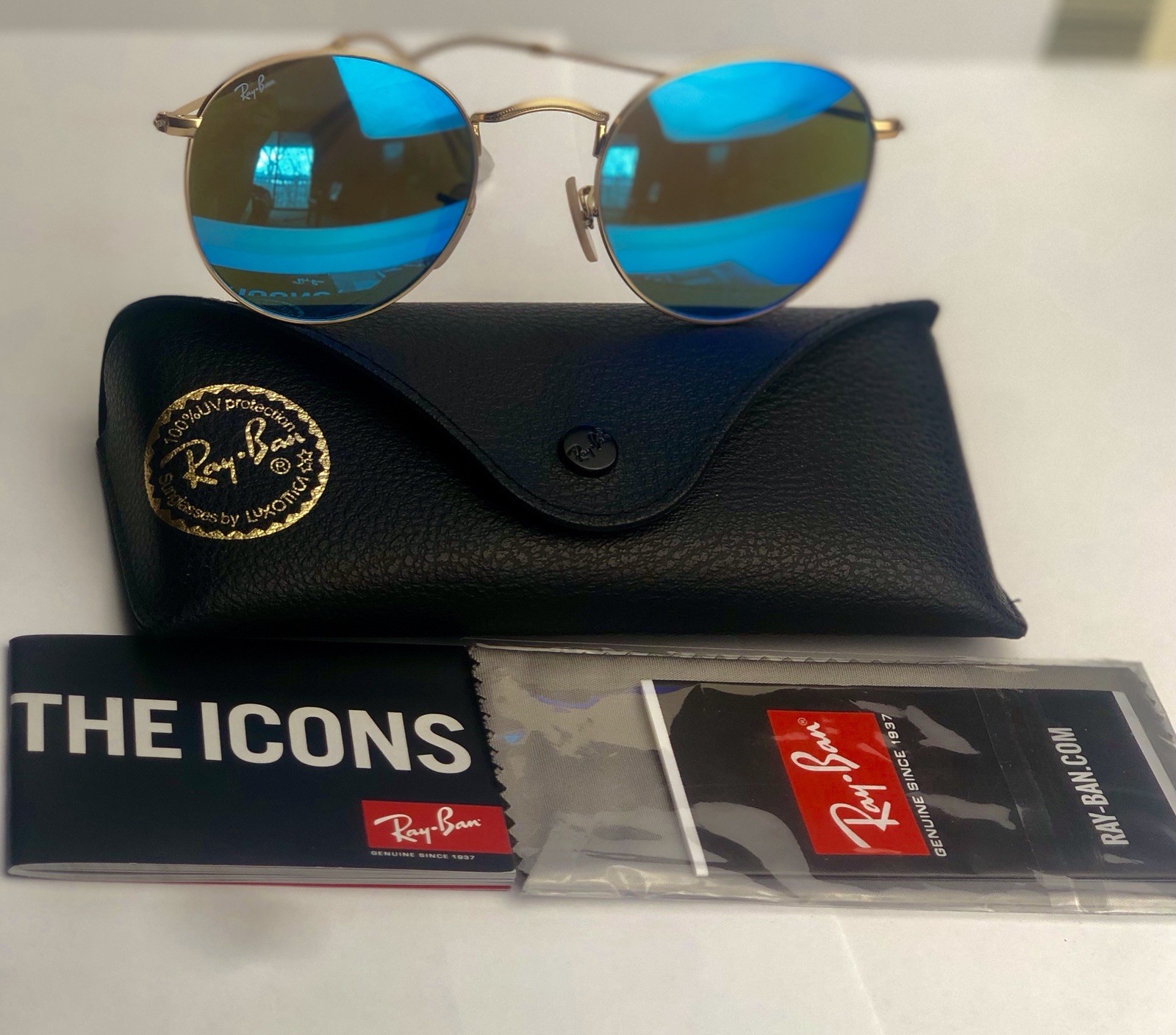 New Ray-Ban RB3447 112/19 Round Matte Gold Green Flash Mirror Sunglasses 50mm