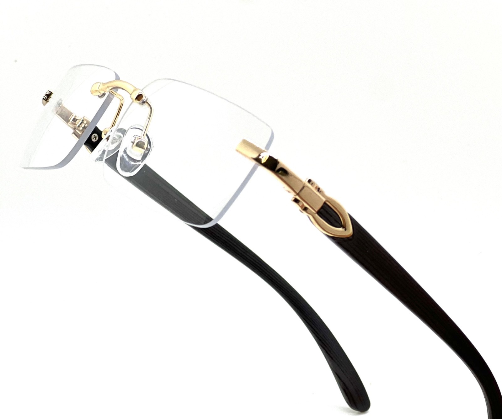 Men’s Vintage Gold Frame Rimless Hip Hop Black Woodgrain Clear Lens Glasses
