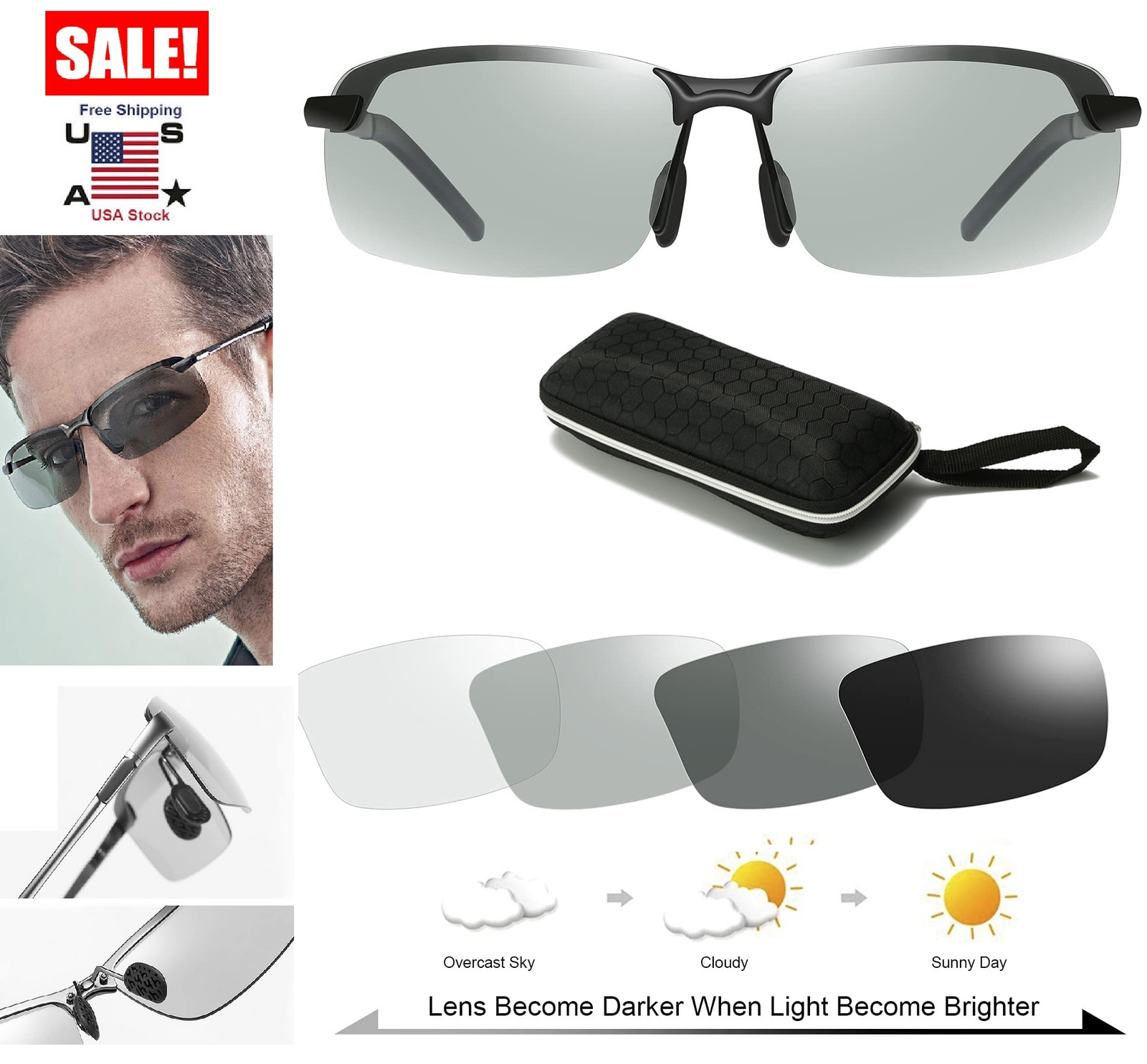 2× Photochromic polarized sunglasses UV400 drive fishing night vision sunglasses