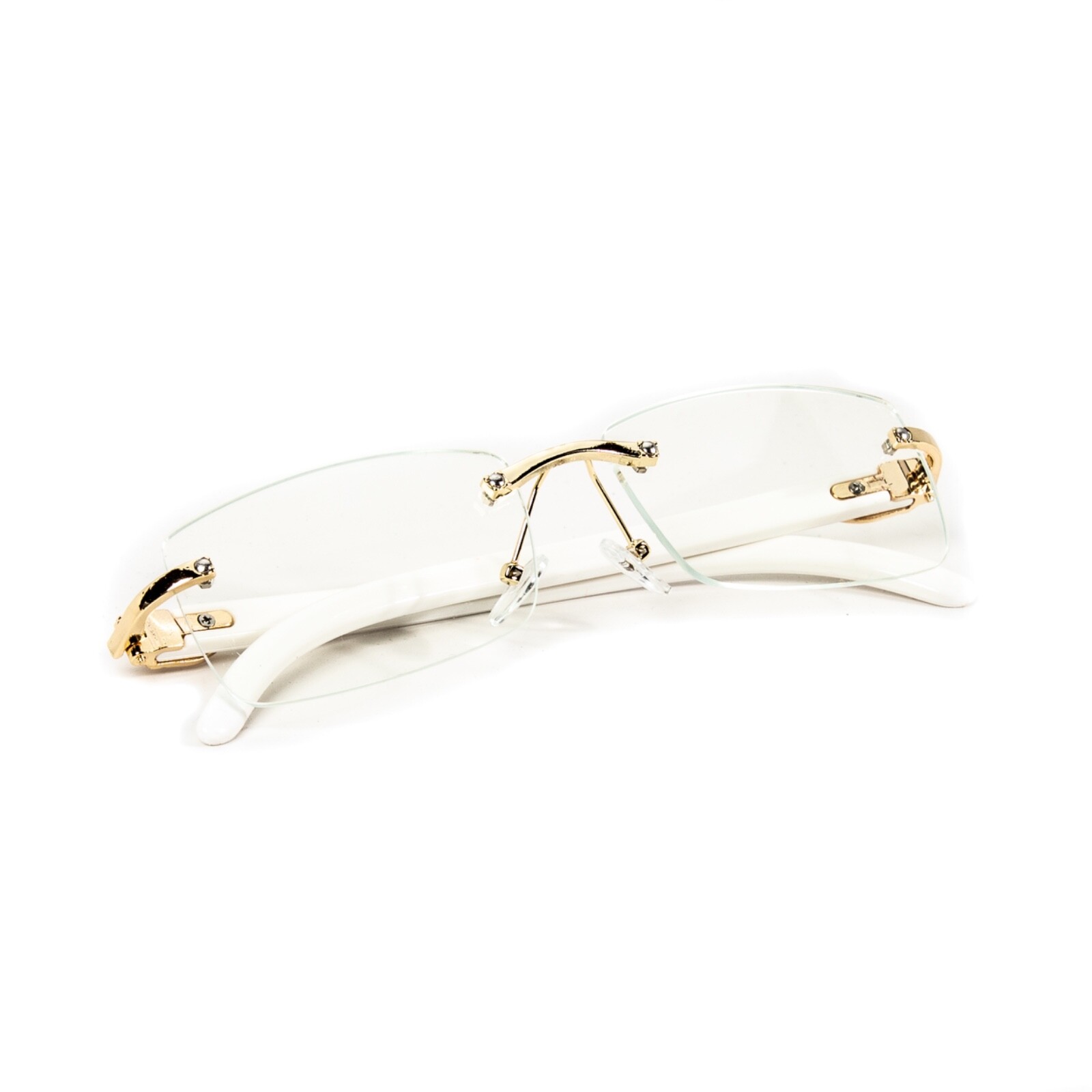White Wood Grain Rimless Clear Lens Rectangular Gold Frame Clear Glasses