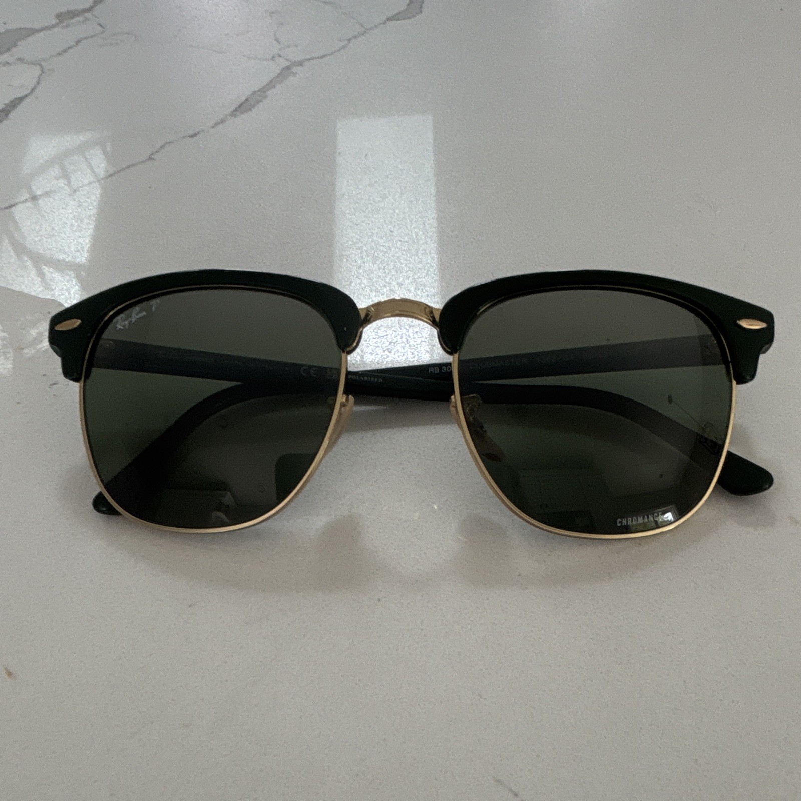 Ray-Ban RB3016 Clubmaster Polarized Sunglasses Black Frame Green Glass Lens