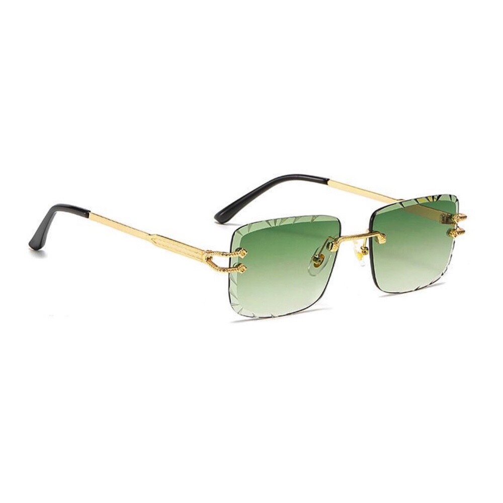 Men’s Rimless Gold Frame Green Gradient Tint Gem Cut Lens Hip Hop Sunglasses​