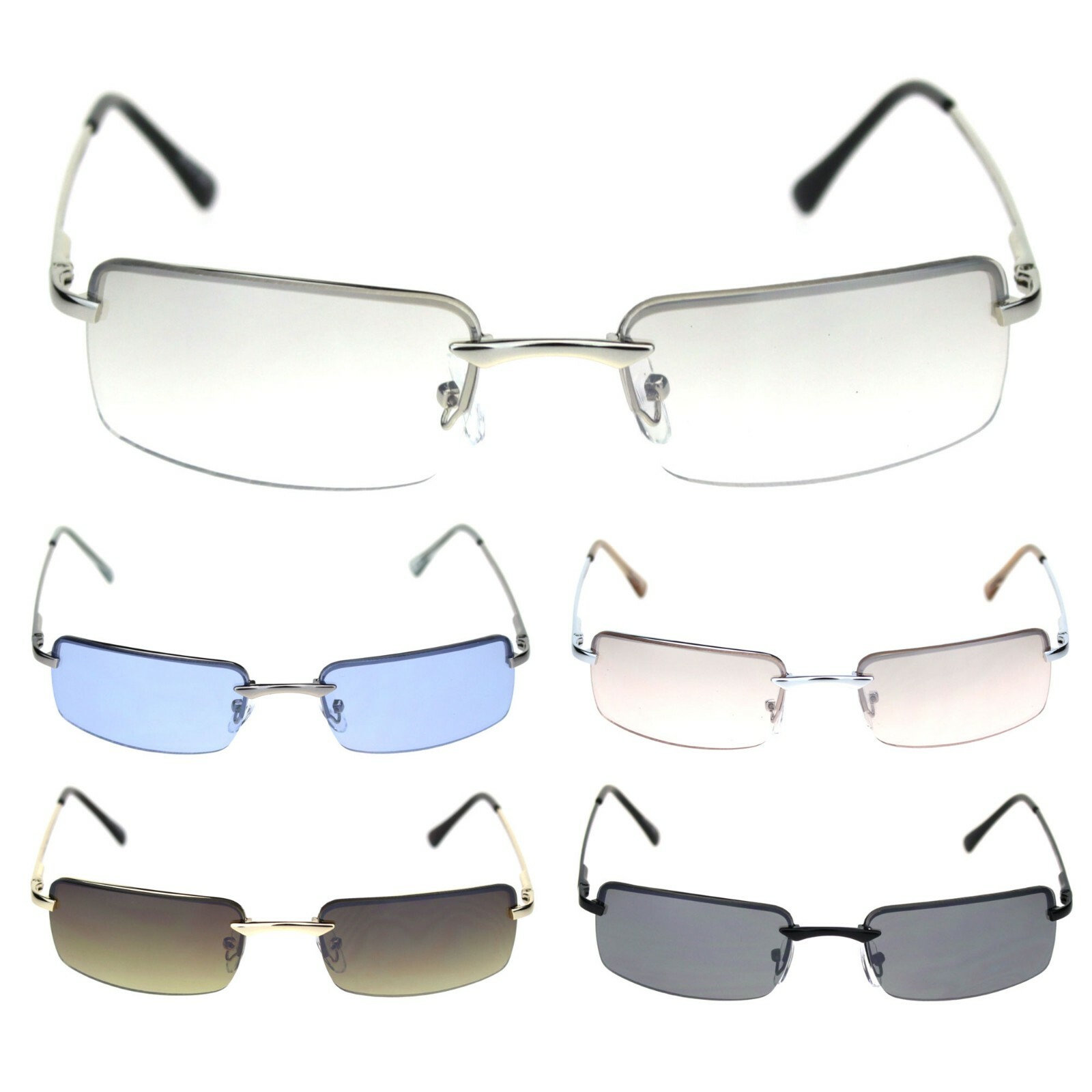 Mens Spring Hinge Narrow Rectangular Rimless Classy Metal Rim Sunglasses