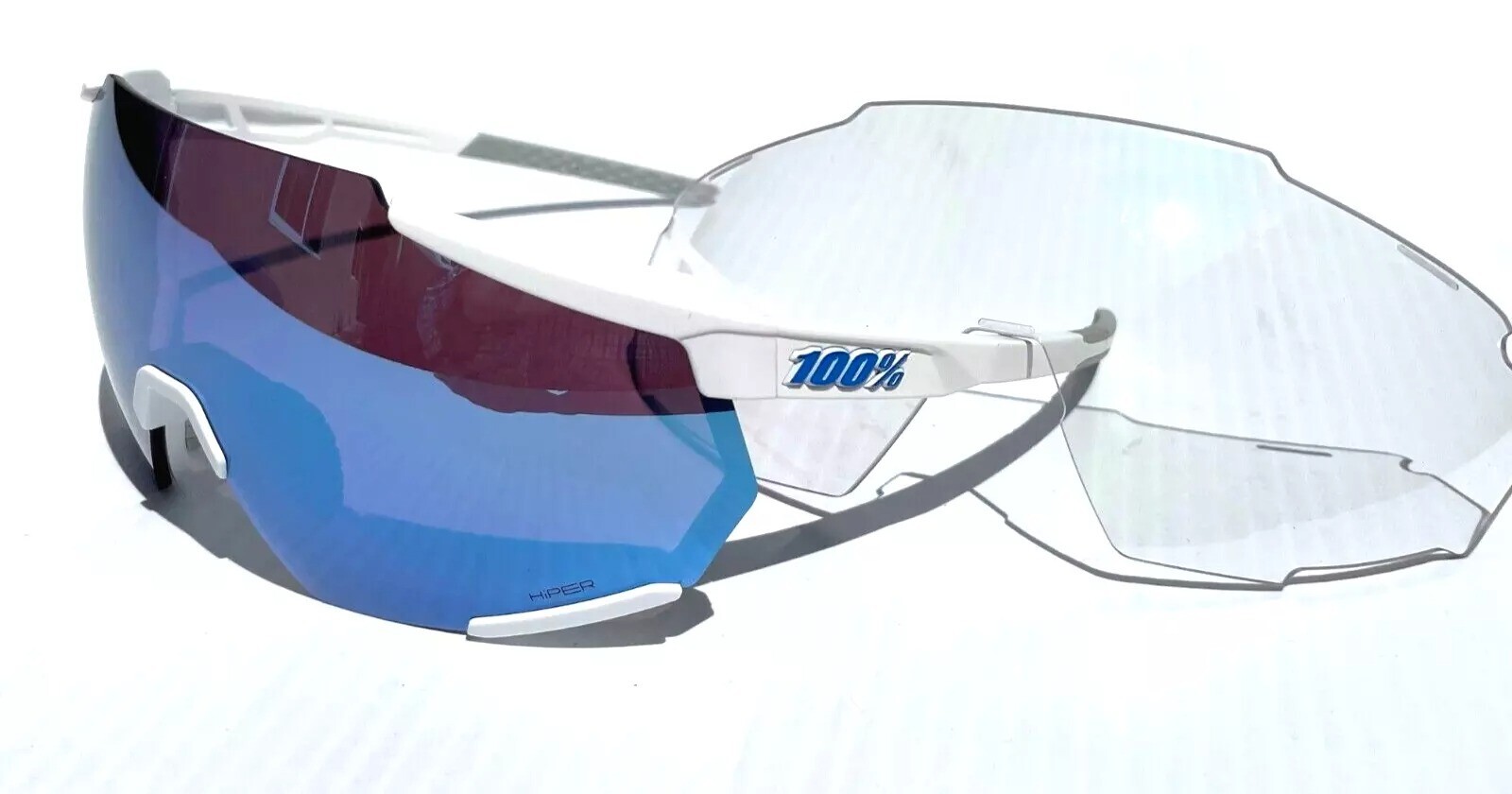 100% Percent RACETRAP 3.0 Matte White HiPER Blue Mirror Sunglass 60004-00001