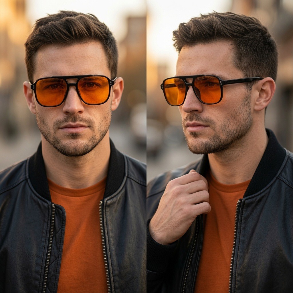 Mens Square Sunglasses Fashion Designer Orange Tinted Lens Retro Double Bridge