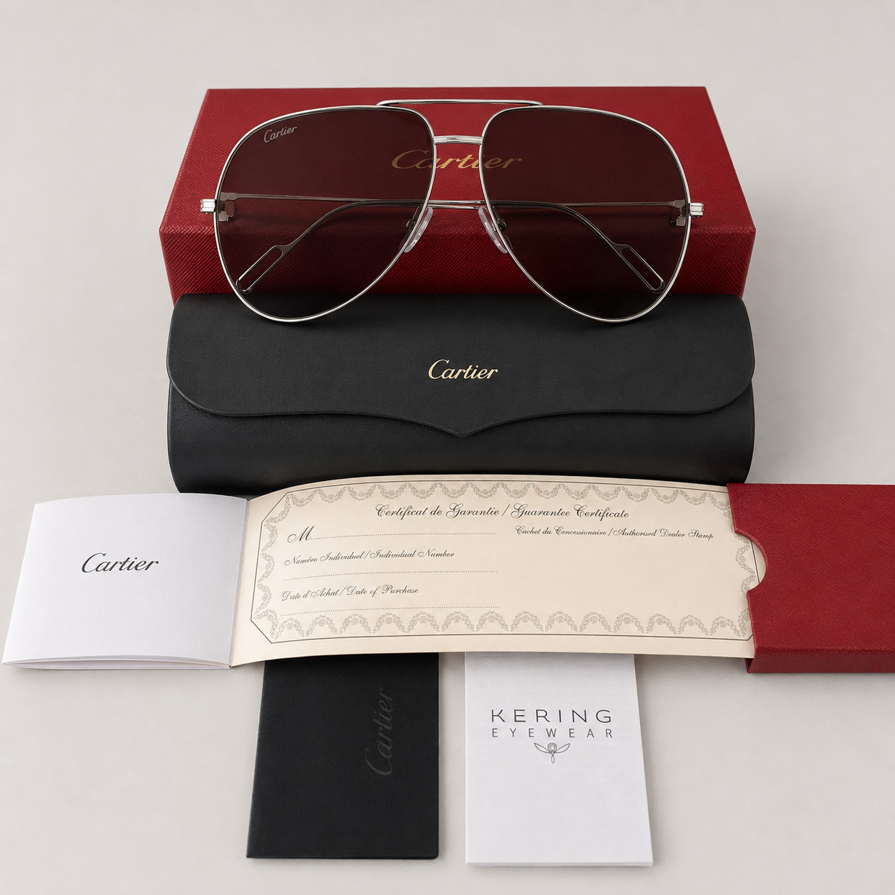 Cartier CT0110S 004 Aviator Sunglasses Silver Full Set Made in France