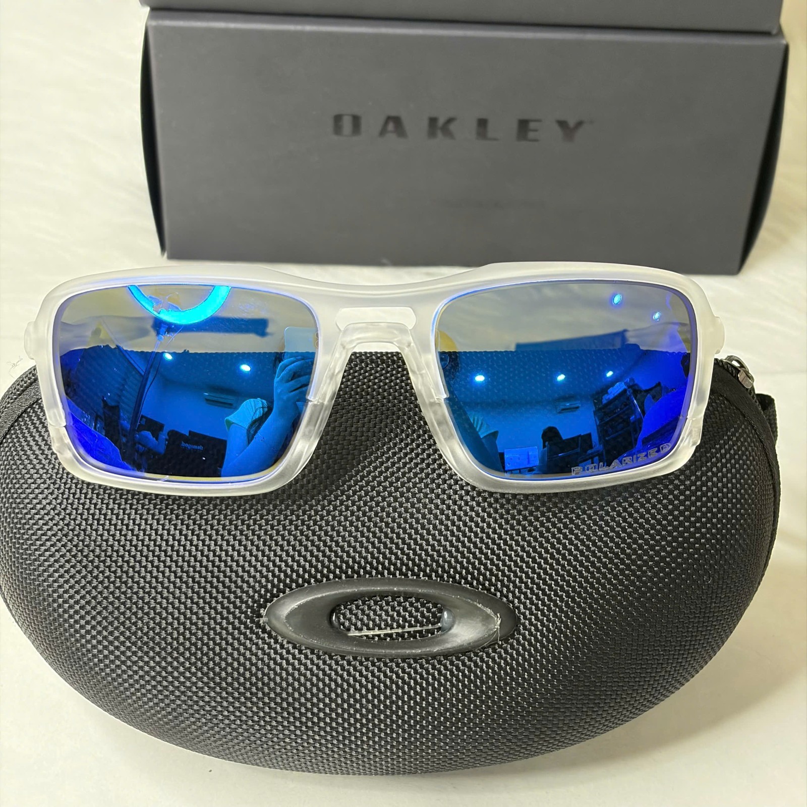 NEW Oakley Triggerman OO9314-09 Clear Frame Blue Mirror Sport Sunglasses