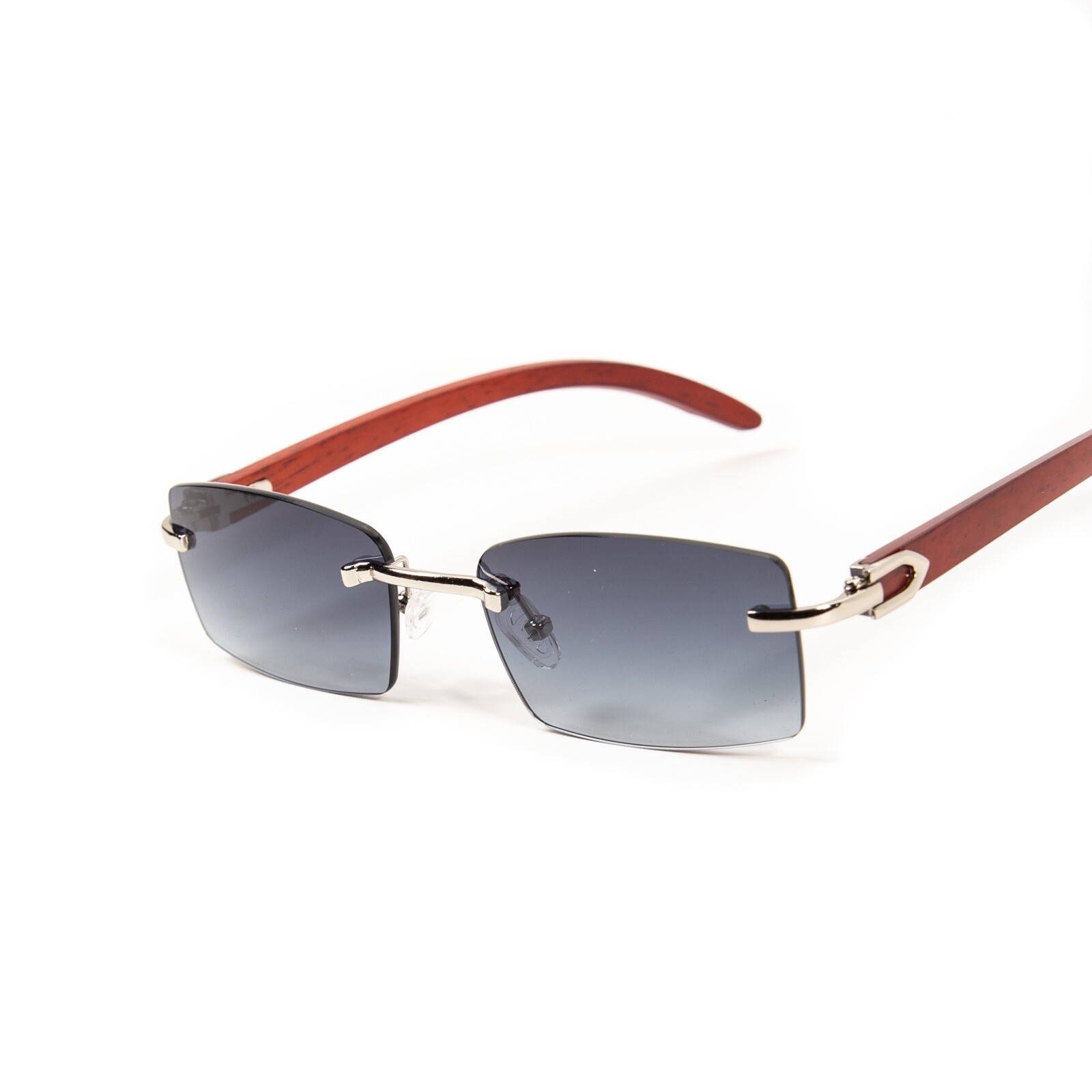 Men’s Luxury Woodgrain Rimless Silver Frame Blue Gray Tinted Sunglasses