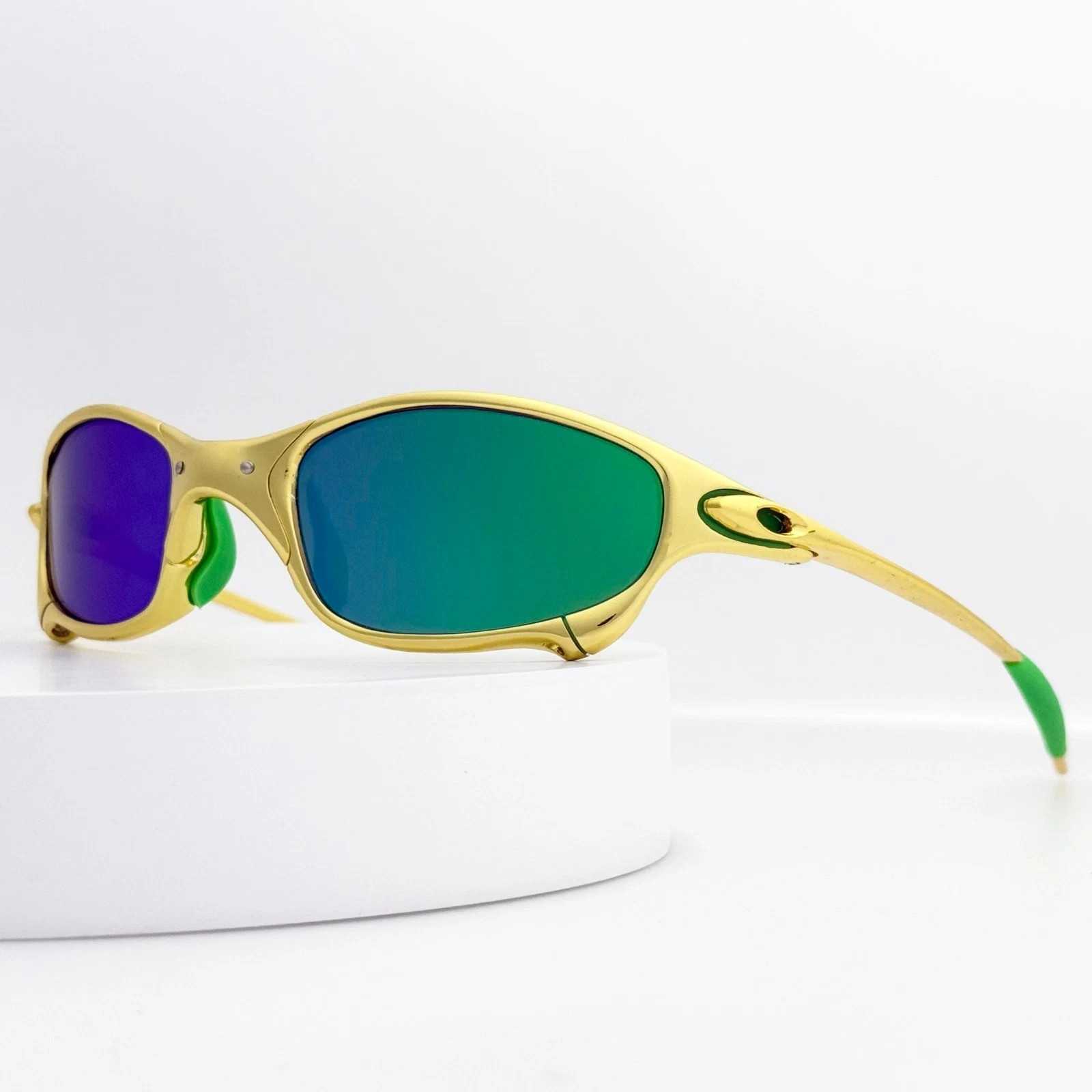 Vintage Oakley Juliet 1.0 X-Metal Gold Frame Blue Iridium Lens Green Arm