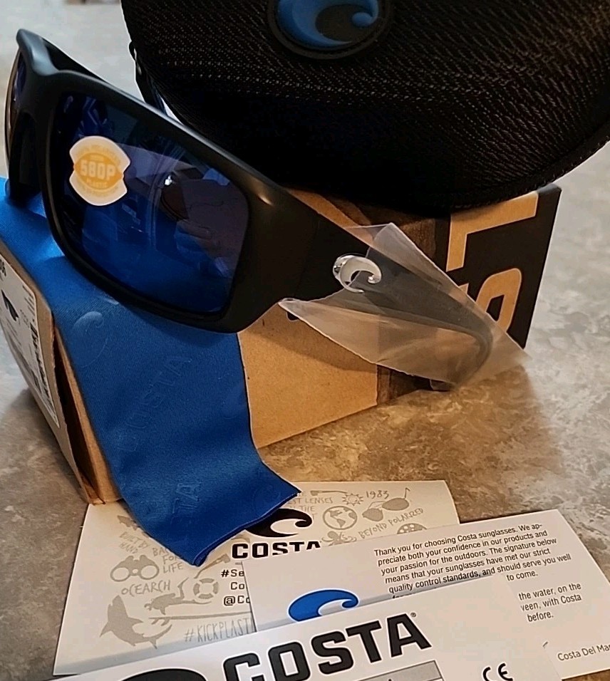 🔥 COSTA DEL MAR Fantail POLARIZED Sunglasses Matte Black/BLUE Mirror 580P NEW