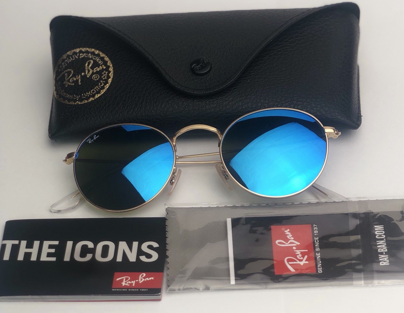 New Ray-Ban RB3447 112/19 Round Matte Gold Green Flash Mirror Sunglasses 50mm
