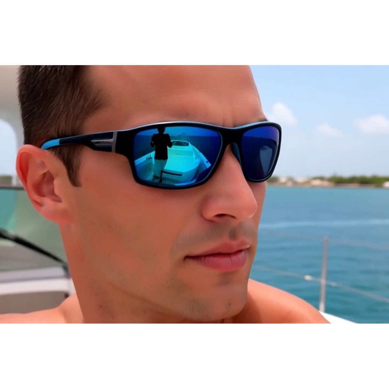 Blue Mirrored Lens Sunglasses Black Frame Sport Style Fashion Eyewear Polarized