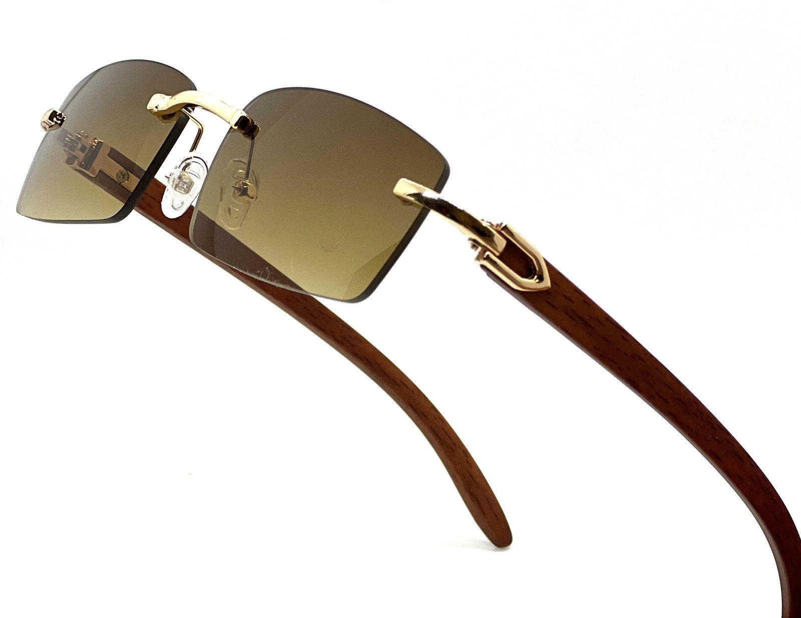 Men’s Vintage Gold Frame Rimless Hip Hop Black Woodgrain Clear Lens Glasses