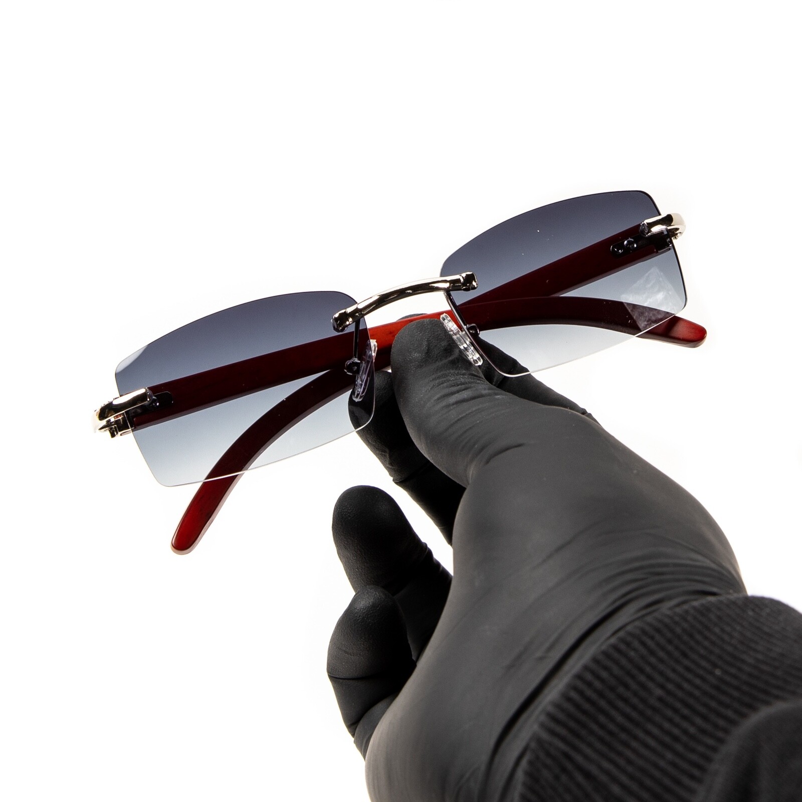 Men’s Blue Gray Tinted Luxury Woodgrain Rimless Silver Frame Sunglasses