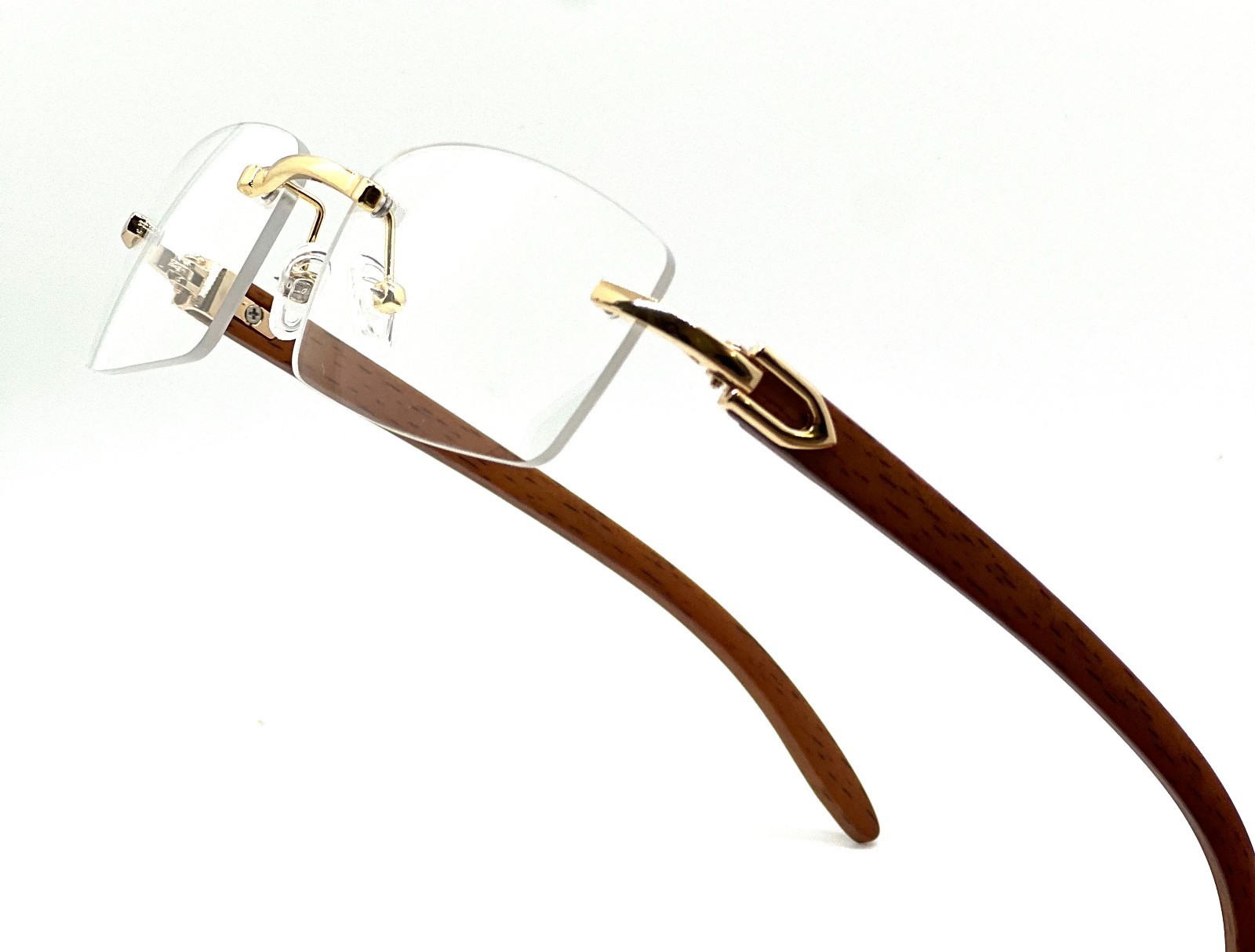 Men’s Vintage Gold Frame Rimless Hip Hop Black Woodgrain Clear Lens Glasses