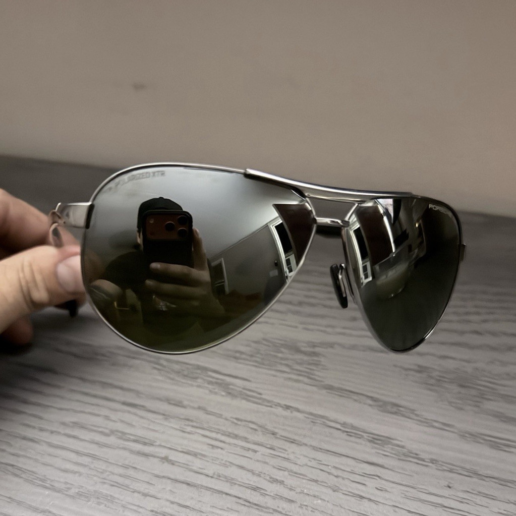 Porsche Design P8549 Aviator Titanium Sunglasses Silver Frame Green Mirrored