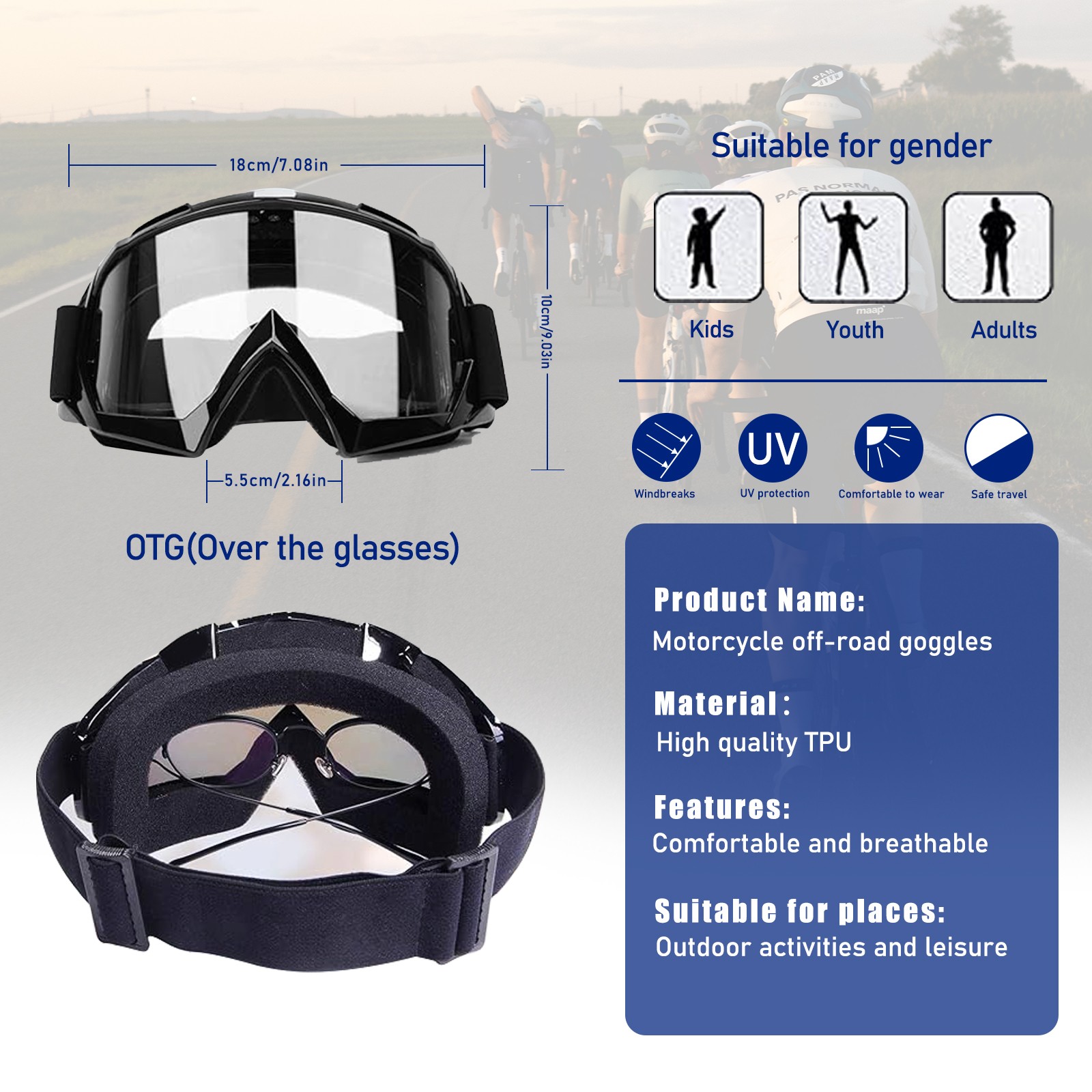 Motorcycle OTG Goggles Over Glasses Windproof Padded Riding ATV Adjustable Strap