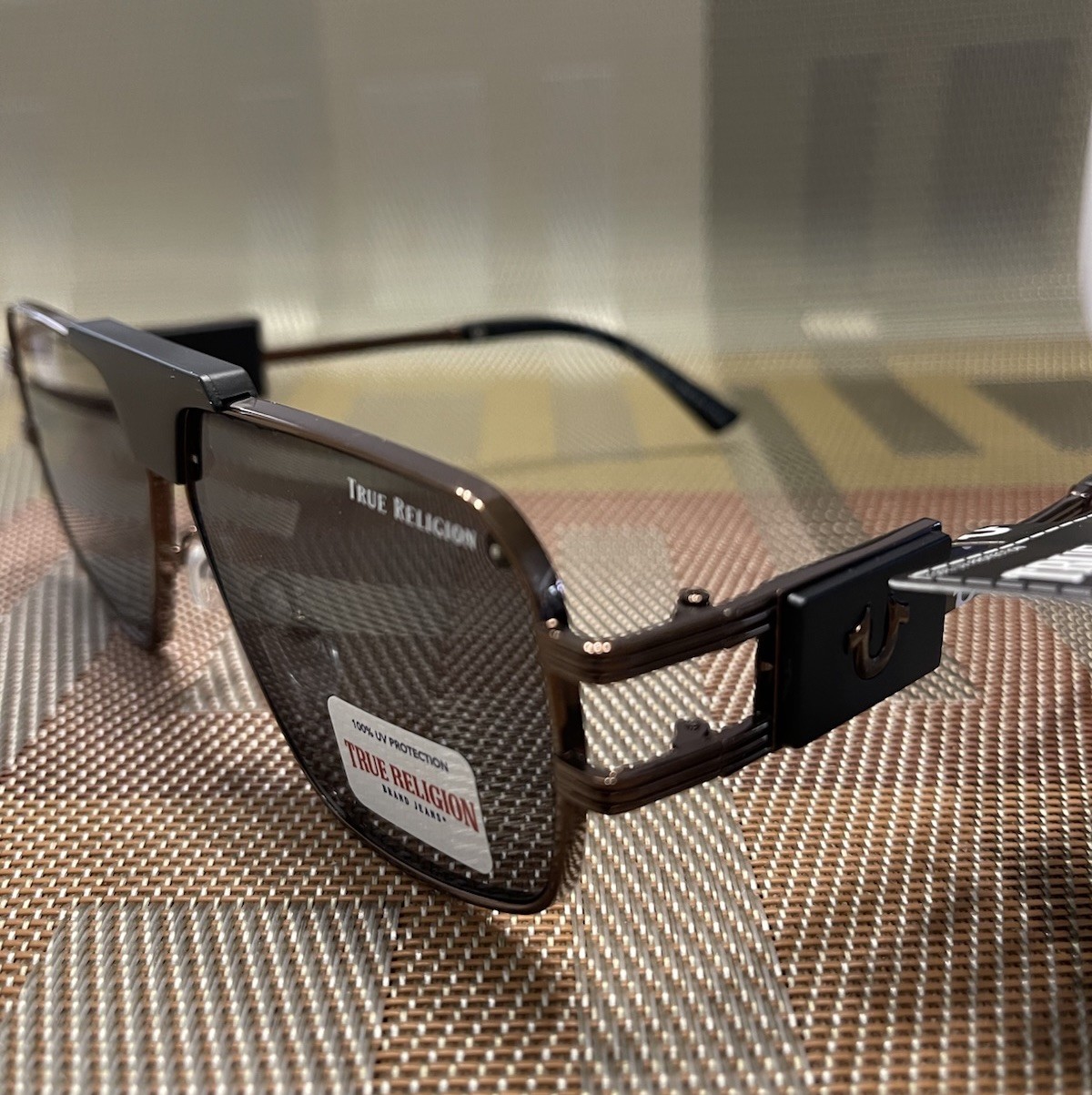 TRUE RELIGION Antique Bronze Black Metal Aviator Sunglasses Black UV Lenses NWT
