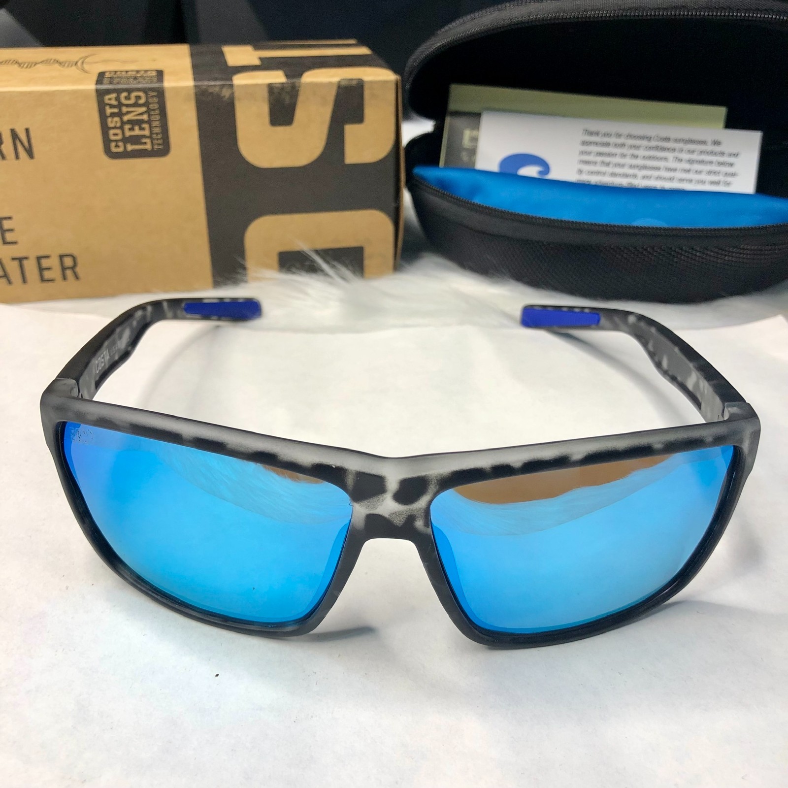 NEW Costa Del Mar Fantail Black White Blue Mirror 580P Polarized Sunglasses