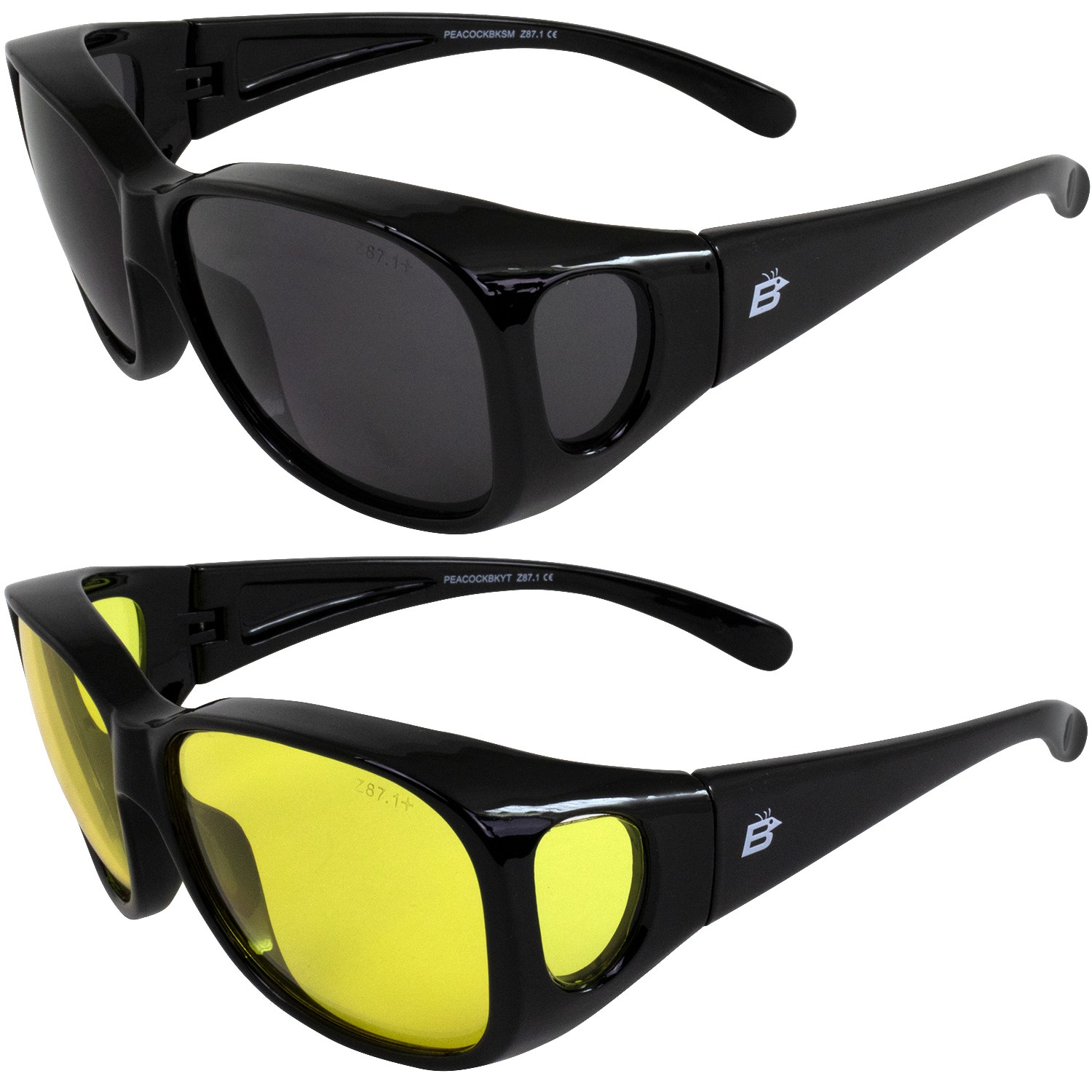 2 Pairs of Birdz Peacock Fit-Over Glasses Black with Yellow & Smoke Lenses