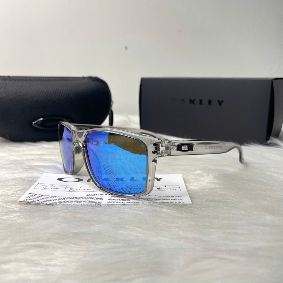 NEW Oakley Holbrook Sunglasses Grey Smoke Clear Frame Blue Mirror Polarized Lens