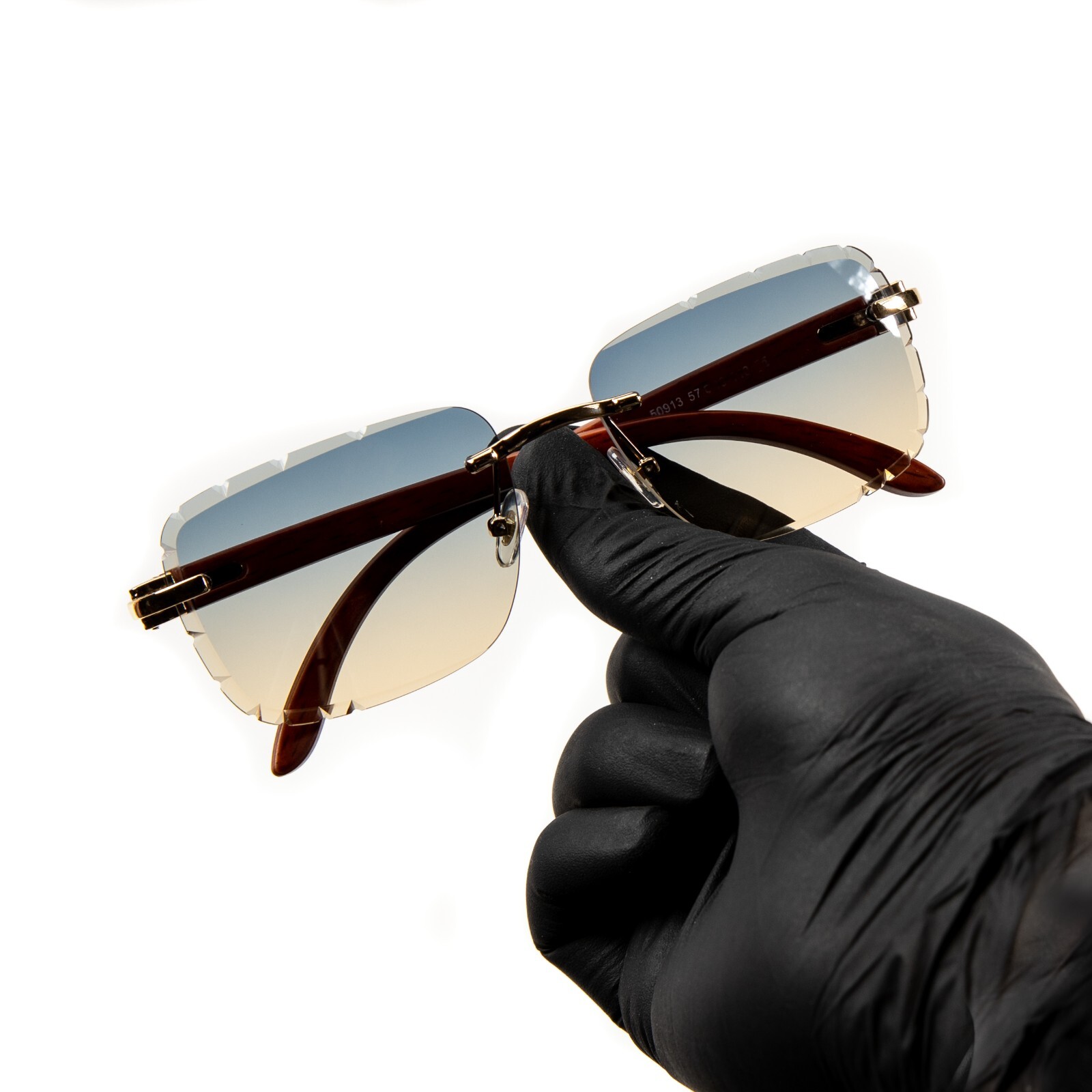 Gem Cut Gray & Tan Gradient Tint Rimless Men’s Gold Frame Woodgrain Sunglasses