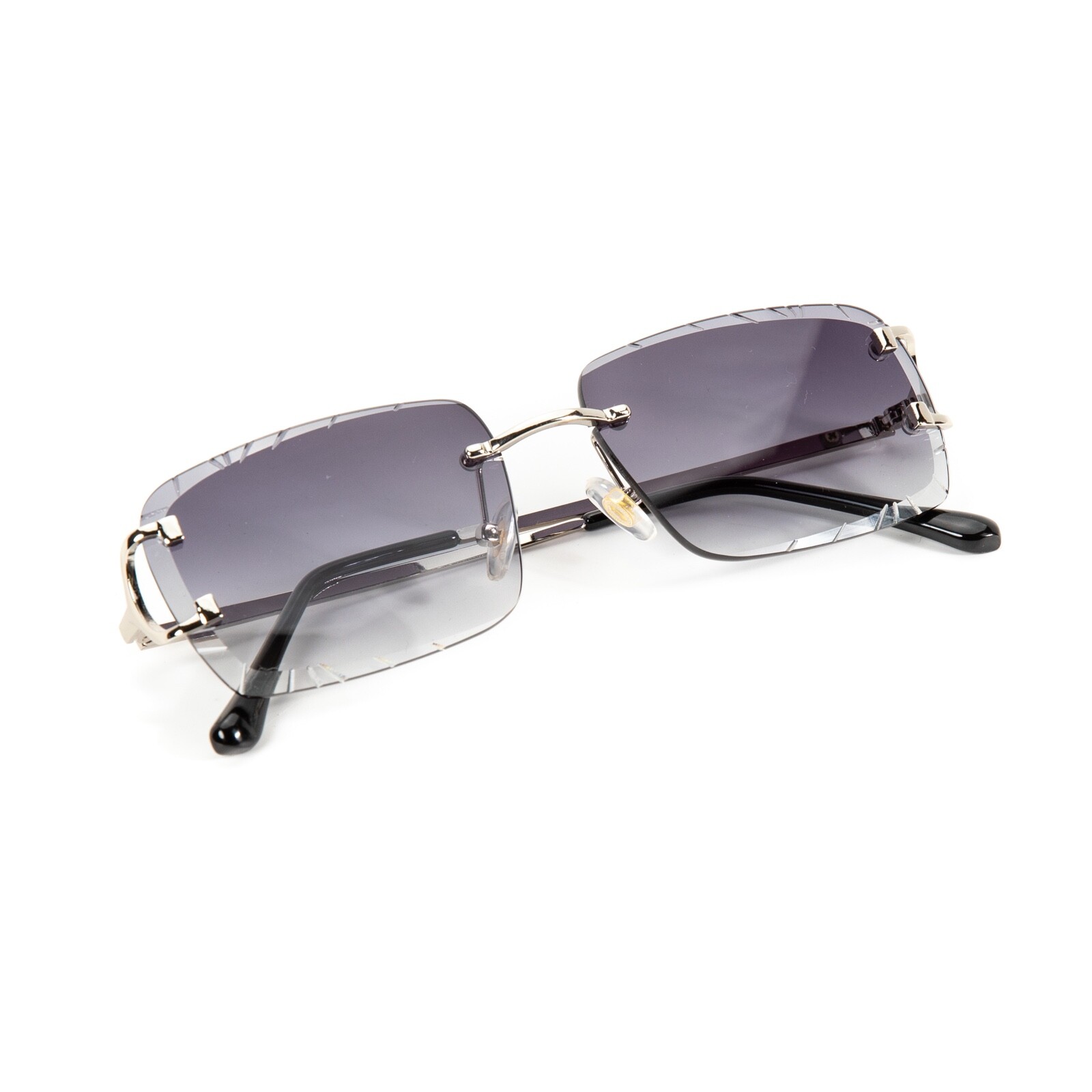 Men’s Gem Cut Purple Tint Silver Frame Hip Hop Rimless Luxury Square Sunglasses
