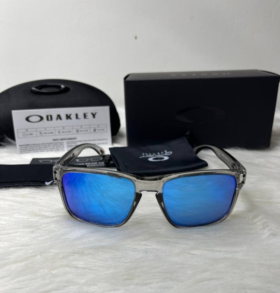 Oakley Holbrook Polarized Sunglasses Transparent Grey Frame Blue Mirror Lens New