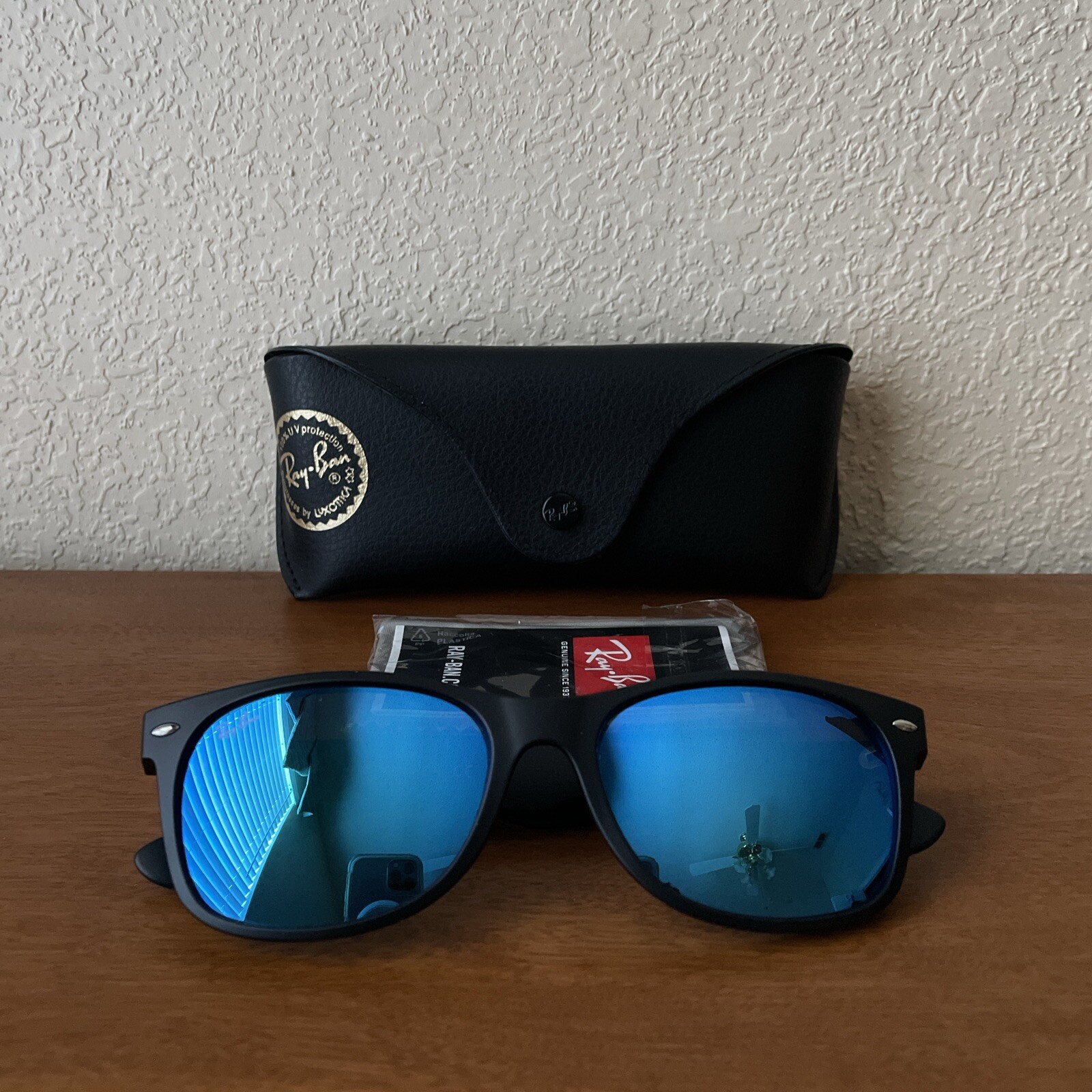 Ray-Ban RB2132 55-18 New Wayfarer Mirrored Square Sunglasses Black Blue 145 3N