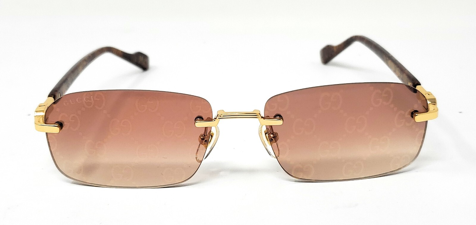 Gucci Rectangular Rimless Sunglasses w/Case GG1221S 004, Gold /Brown 140mm NEW