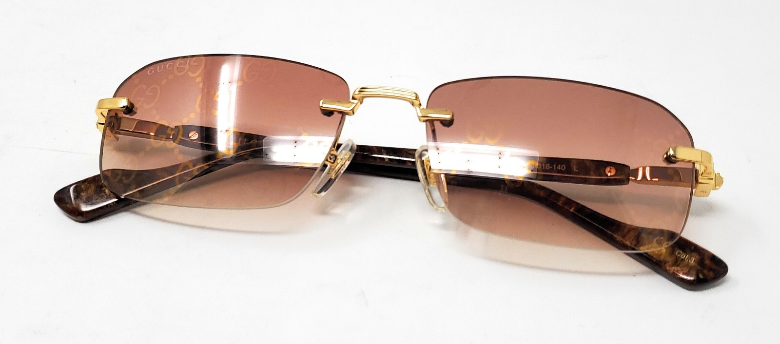 Gucci Rectangular Rimless Sunglasses w/Case GG1221S 004, Gold /Brown 140mm NEW