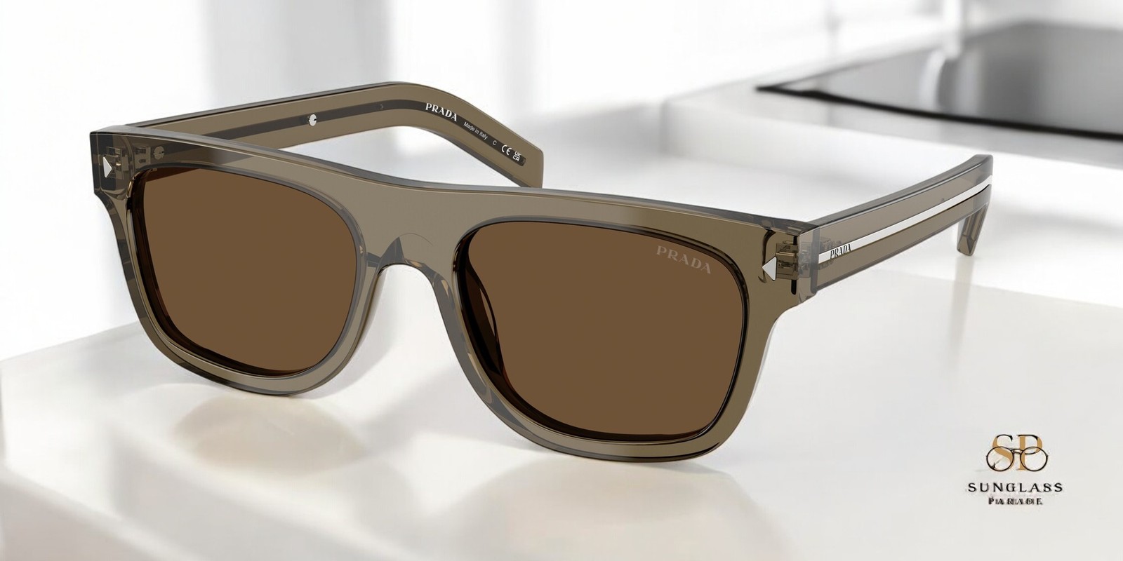 PRADA PR B12S 18T70F Transparent Terra Dark Brown 55 mm Men’s Sunglasses