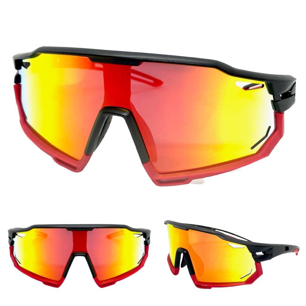 Oversized Retro Sports Wrap Around Cycling Running SUN GLASSES Black & Red Frame