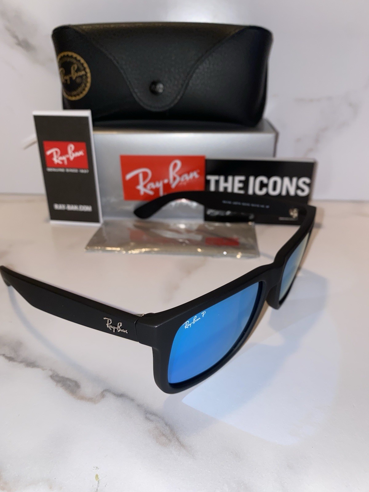 Ray-Ban Justin RB4165 Polarized Sunglasses Blue Mirror Lens UV400 Black 54mm