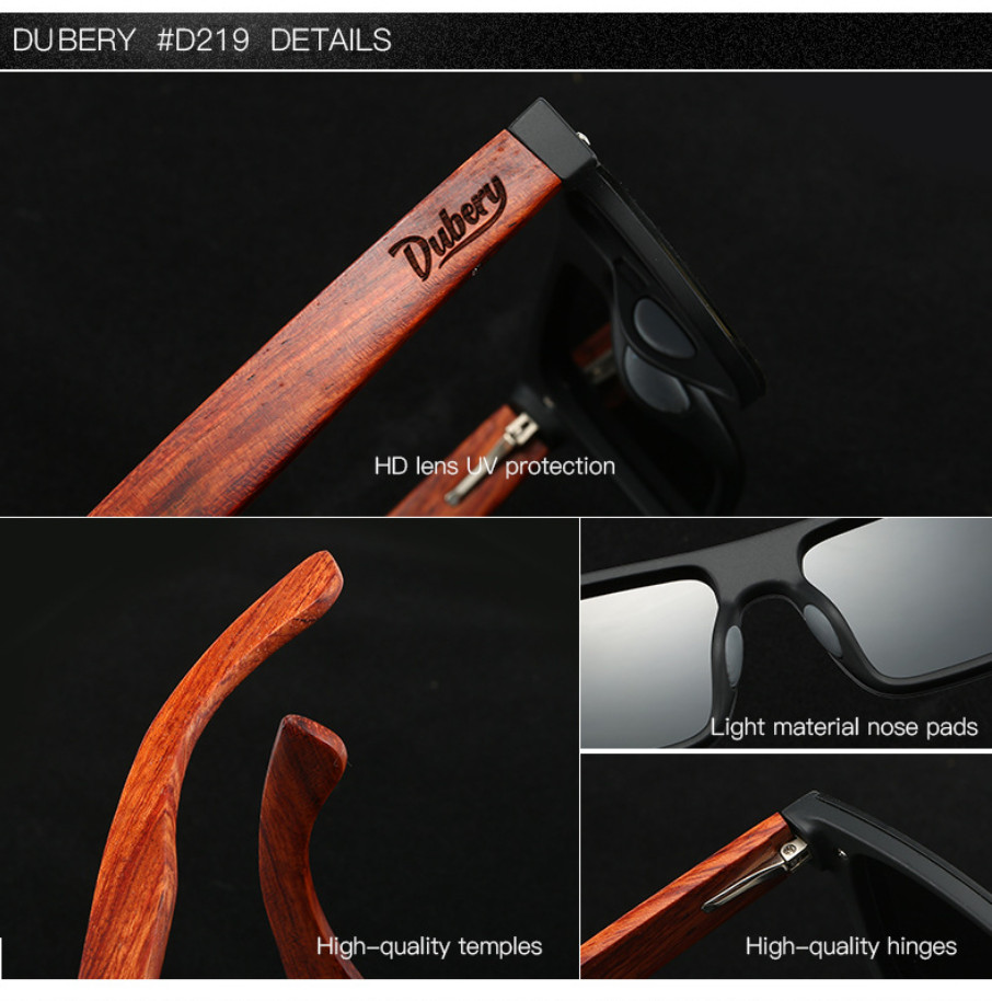 DUBERY Rimless Wood Polarized Sunglasses Men Women Square Wooden Temple Glasses